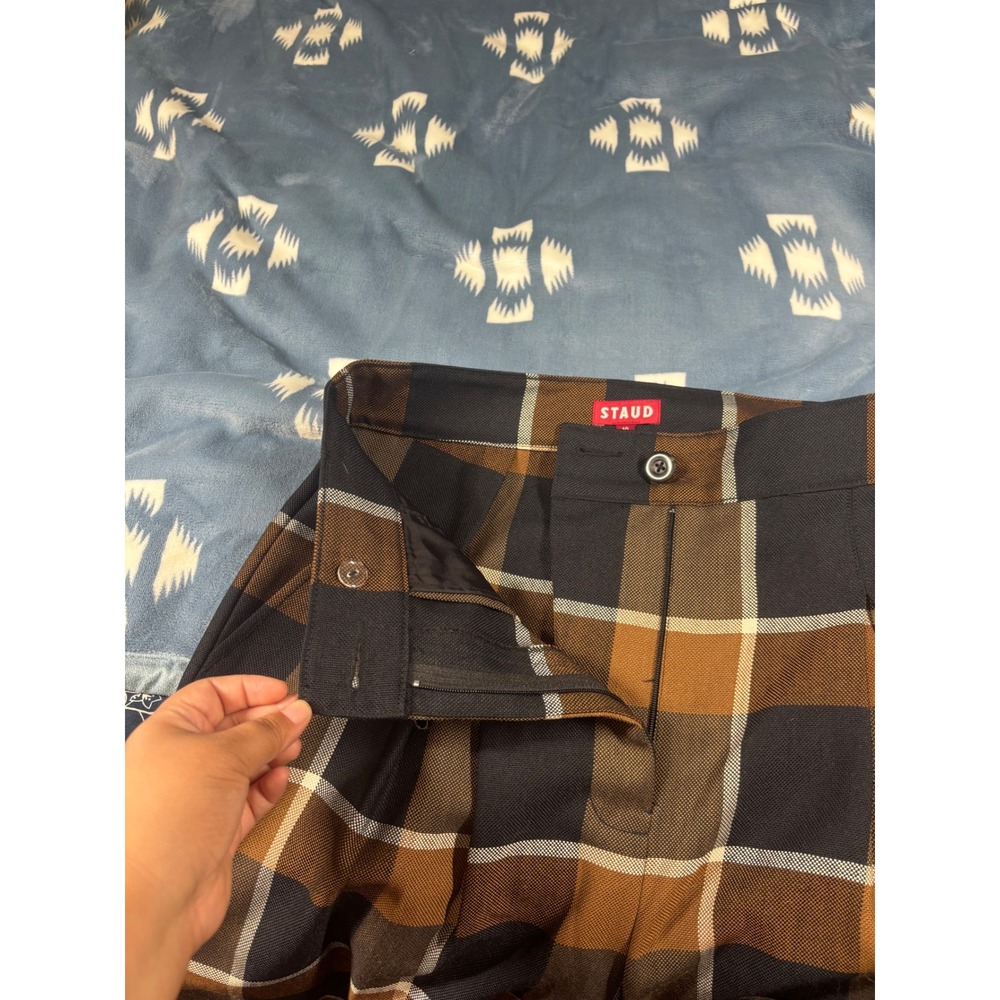 Staud Brown Plaid Wide Leg High Waisted Pleated Trousers Pants Size 10 - Picture 3 of 13